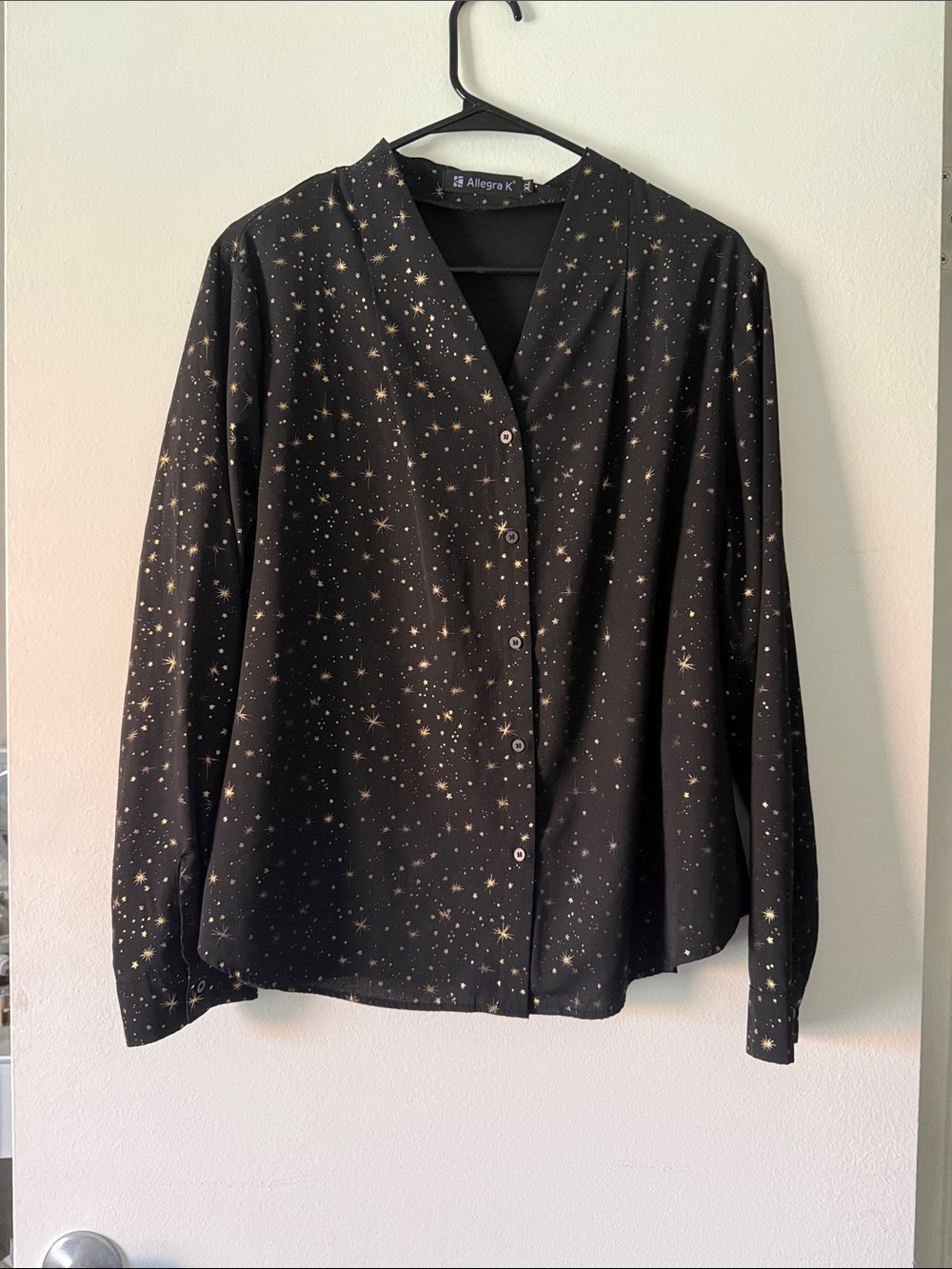 Allegra K Black Button-Front Blouse with Gold Star Print